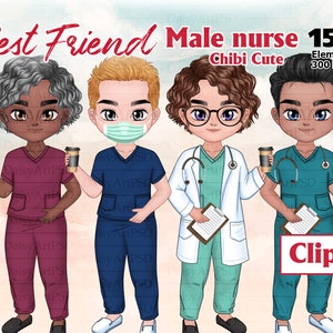Male Nurse Chibi Clipart. Nurse African American. Planner Sticker Medical PNG. Afro Doctors Coffee Stickers Printable. Doctors Customizable.