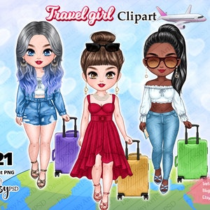 Reizen meisje clipart, reizen clipart, koffer clipart, mode meisje clipart, beste vriend clipart, zus clipart, Bagage PNG.