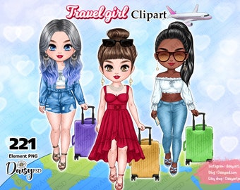 Clipart di una ragazza in viaggio: amiche alla moda con i bagagli (PNG)