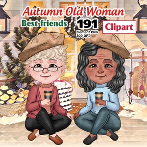 Clipart de velhos amigos de outono, avó de melhores amigas, clipart de senhoras idosas, mulheres de inverno, melhores amigas, clipart de irmãs de alma, mulher digital