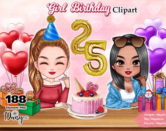 May include: Two girls with long hair, one wearing a blue party hat and the other wearing sunglasses, are celebrating a birthday with a pink cake, gold balloons shaped like the numbers 2 and 5, and red and white heart-shaped balloons.  The girls are holding gifts wrapped in colorful paper.  The text "Girl Birthday Clipart" is at the top of the image.