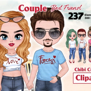 Echtpaar Chibi. Valentijnsdag Clipart, Romantisch paar, Valentine's Card Creator, Custom Postcard, Love Couple ClipArt, Couple Portrait.