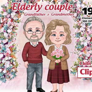 Pareja de ancianos Chibi Clipart, abuelo y abuela Clipart, viejos amigos, anciano y abuela, familia antigua, retrato personalizado PNG.