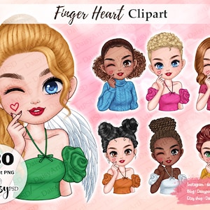 Chica dedo corazón, chica linda Chibi Clipart, Wink Girl Clipart, mejor amiga Clipart, imágenes prediseñadas femeninas, Doll Png, personalizar archivos Png.
