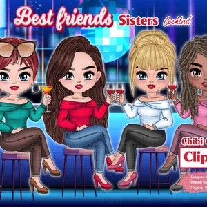 Mejores amigos Chibi bebiendo cócteles Clipart, Besties Clipart, Girl Sitting, Fashion Girls Clipart, Soul Sisters, Clipart personalizable PNG