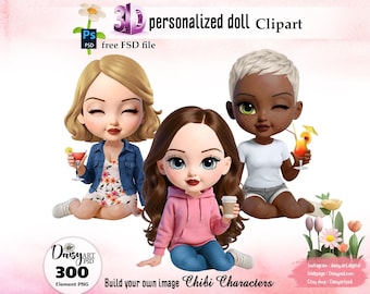 Clipart Sœurs buvant du café : 3D Chibi Dolls PNG (Téléchargement numérique)