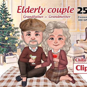 Coppia anziana Autumn Chibi Clipart, Nonno e Nonna Natale Clipart, Vecchio e Nonna. Vecchia famiglia. PNG verticale personalizzato.