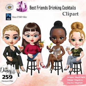 Clipart de muñecas 3D mejores amigas bebiendo cócteles, clipart de mejores amigas, niña sentada, clipart de chicas de moda 3D, clipart de muñeca 3D personalizable.