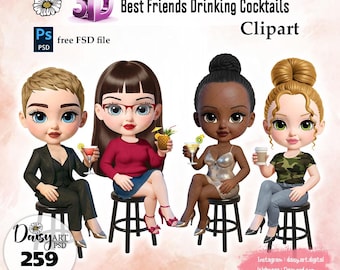 Clipart d'amis de poupée 3D, cocktails (téléchargement numérique)