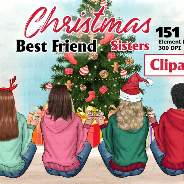 Christmas Best friend Clipart, Soul Sisters Clipart, Sister Gift, Girlfriends, Personalized Illustration PNG, Custom Besties Clipart