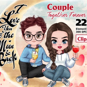 Paar Chibi Cute, Valentinstag, I Love You to the Moon and Back, Romantisches Paar, Liebespaar, Weihnachtspaar PNG