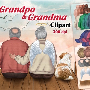 Clipart de abuelos: "ABUELO Y ABUELA". Clipart alas de ángel. Clipart de Oldman y Abuela. En memoria de los abuelos, Retrato personalizado.