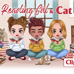 Czytająca dziewczyna i kot ChiBi Clipart, Miłośnik książek Clipart, Samoopieka Zostań w domu, Kot i książka, Dziewczyna czytająca książkę, Mól książkowy. Dostosowywalny PNG