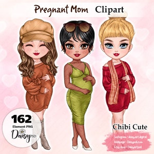 Clipart de gravidez, clipart de maternidade Chibi, clipart de mãe, clipart de mulheres grávidas, clipart de moda outono, planejador digital de gravidez.