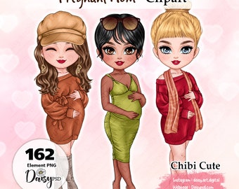 Maternity Chibi Clipart: Pregnant Women PNG (Digital Download)