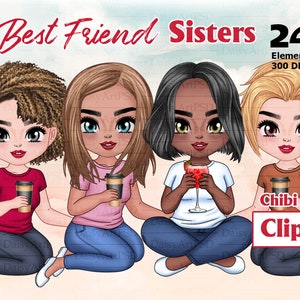 Najlepsi przyjaciele Siedzący Chibi Słodkie Clipart, Siostry Kawa Clipart, Siostry Duszy Clipart, Dziewczyny Mody, Dostosowywalny Clipart PNG