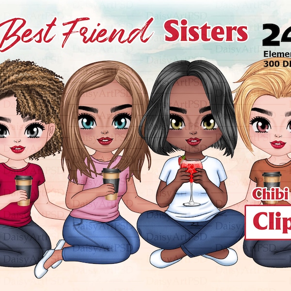 Best friends Sitting Chibi Cute Clipart, Sisters Coffee Clipart, Soul Sisters Clipart, Fashion Girls, Customizable Clipart PNG