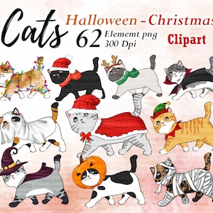Halloween - Weihnachtskatzen Clipart-Sammlung, Katzen in Kürbissen Clipart, niedliches Halloween - Weihnachtskatzen-Clipart-Set. Katzen Party.
