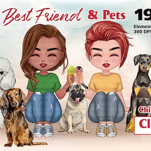 Beste vrienden Meisje Chibi en Hond, Hond Moeder Cute Clipart, Hond Lover, Meisje Crème, Hond Moeder Aanpasbaar, Hond Lover Pet Clipart PNG.