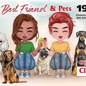 Best Friends Girl Chibi and Dog, Dog Mom Cute Clipart, Dog Lover, Girl Cream, Dog Mom Customizable, Dog Lover Pet Clipart PNG.