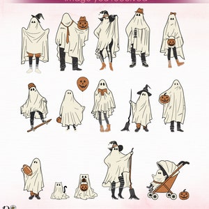 以下が含まれることがあります： ハロウィーンの様々なポーズとコスチュームを着たゴーストのデジタルイラスト14点セット。ゴーストは帽子をかぶり、カボチャを持ち、スケートボードに乗ったり、ベビーカーを押したりしています。