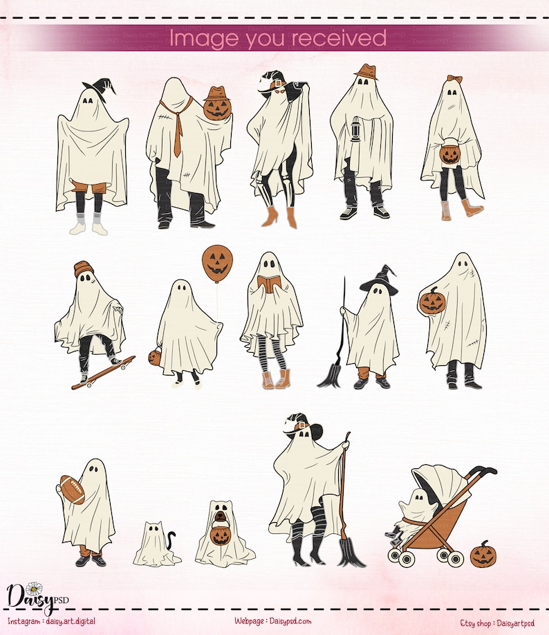 以下が含まれることがあります： ハロウィーンの様々なポーズとコスチュームを着たゴーストのデジタルイラスト14点セット。ゴーストは帽子をかぶり、カボチャを持ち、スケートボードに乗ったり、ベビーカーを押したりしています。
