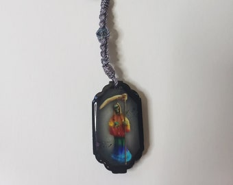 Santa Muerte Keychain Raibow Handmade- Wood + Silk Thread - Llavero de la Santa Muerte Hecho a Mano de Madera + Hilo de Seda