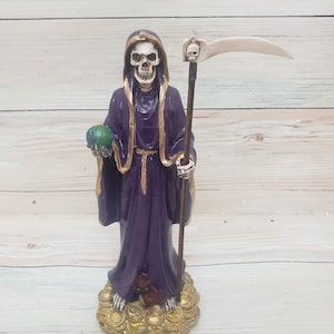 Santa Muerte Color Purple 13&quot; Holy Death Sculpture / Grim Reaper / Love / Buena Suerte Color Morada / Dinero / Amor / La Flaquita
