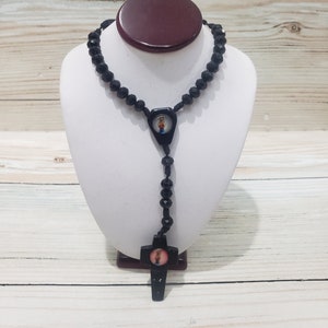 Handmade Santa Muerte Rosary: Black Wood, Rainbow Detail