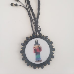 Handmade Santa Muerte Amulet: Resin Covered Wood, Rainbow