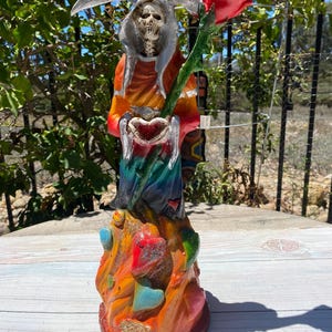 Santa Muerte Color Rainbow 16&quot; Holy Death Statue / Grim Reaper / Curada / Color 7 Poderes Buena Suerte  Protecion / Love / Holding a Rose