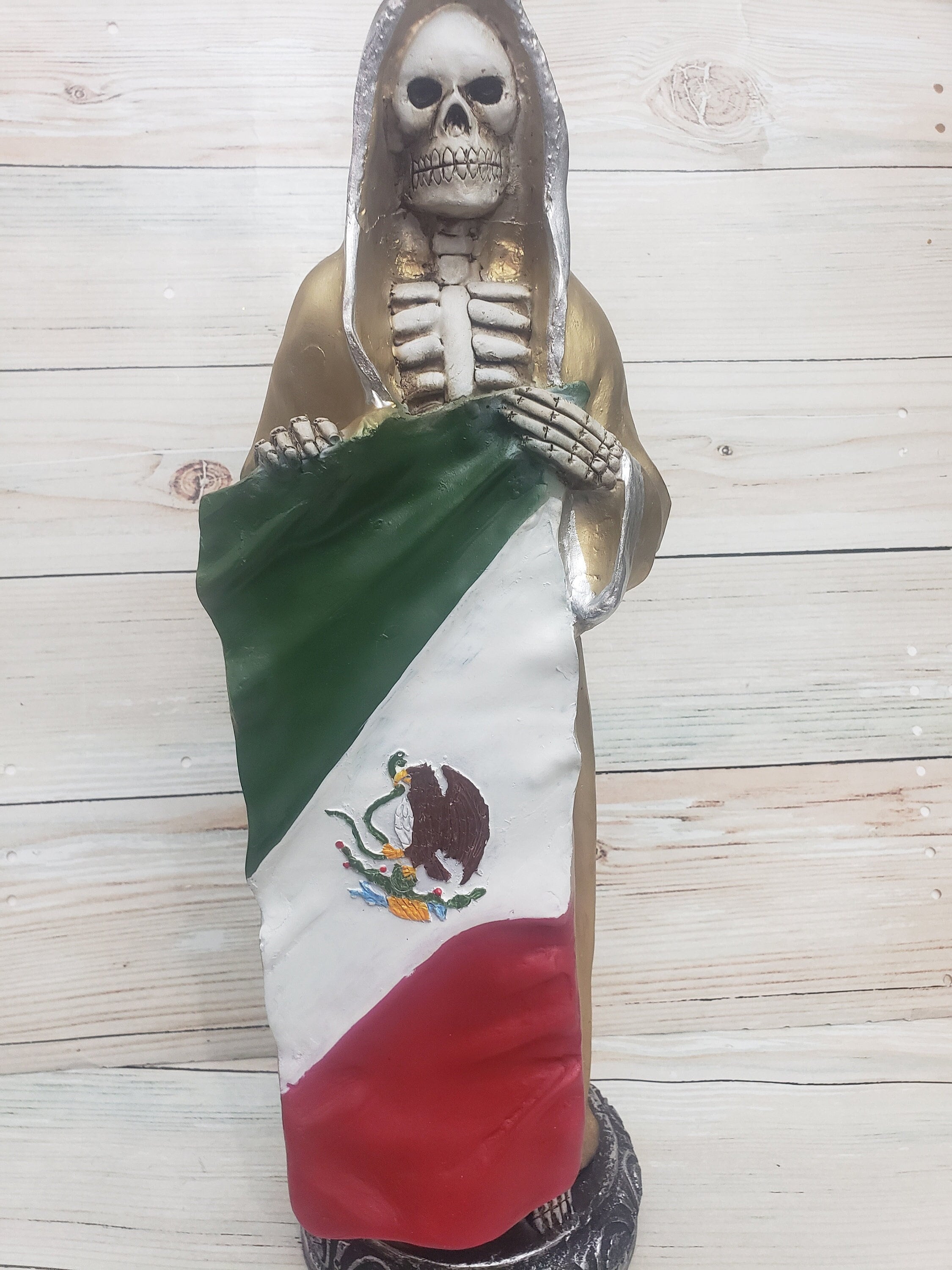 Santa Muerte Color Gold 21" Holy Death / Mexican Flag / Grim Reaper Curada / Para La Buena Suerte Protecion / Money / Oro / Orgullo Mexicano