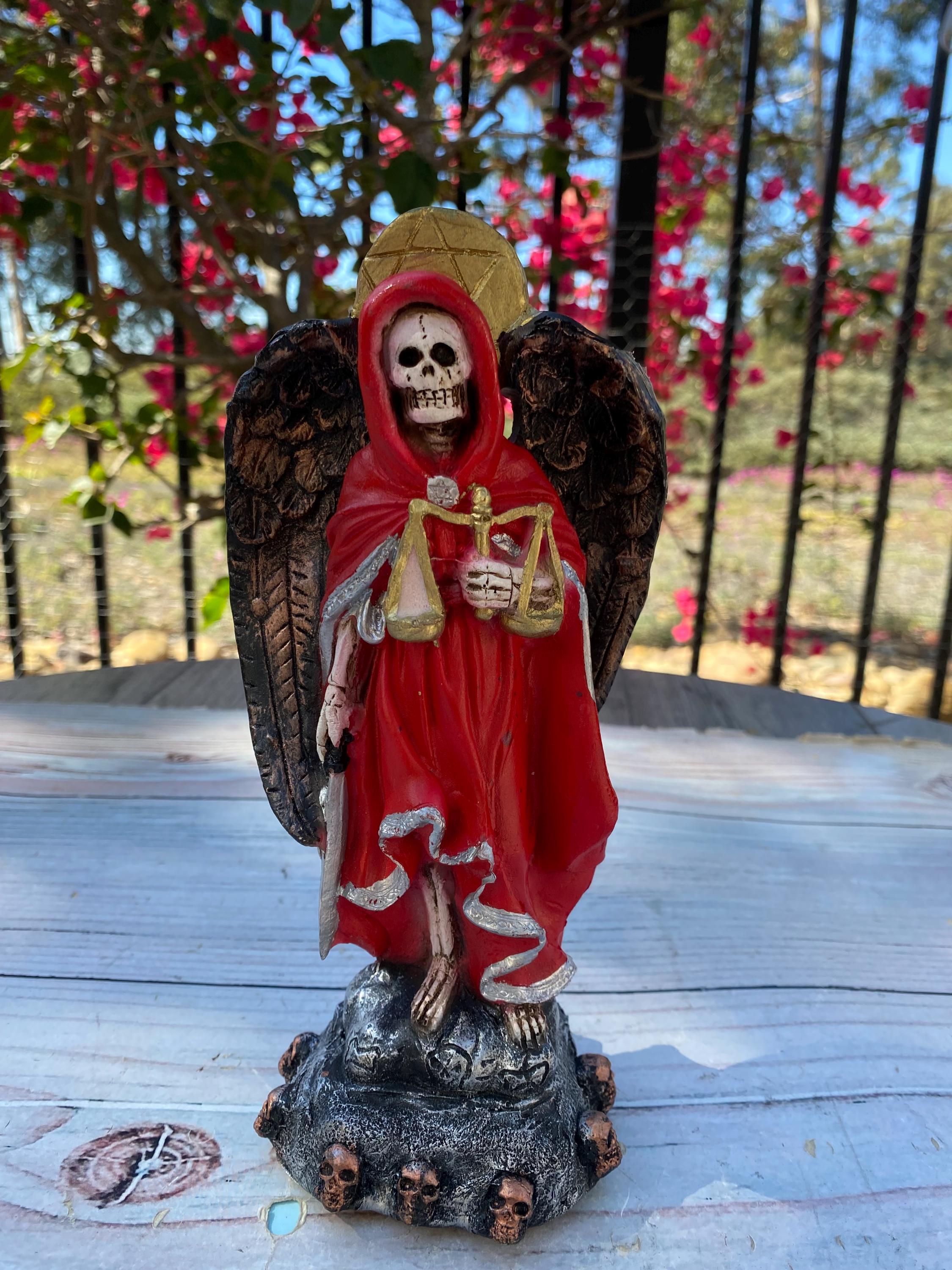 Handmade Santa Muerte Statue, Red Holy Death Figure With Wings