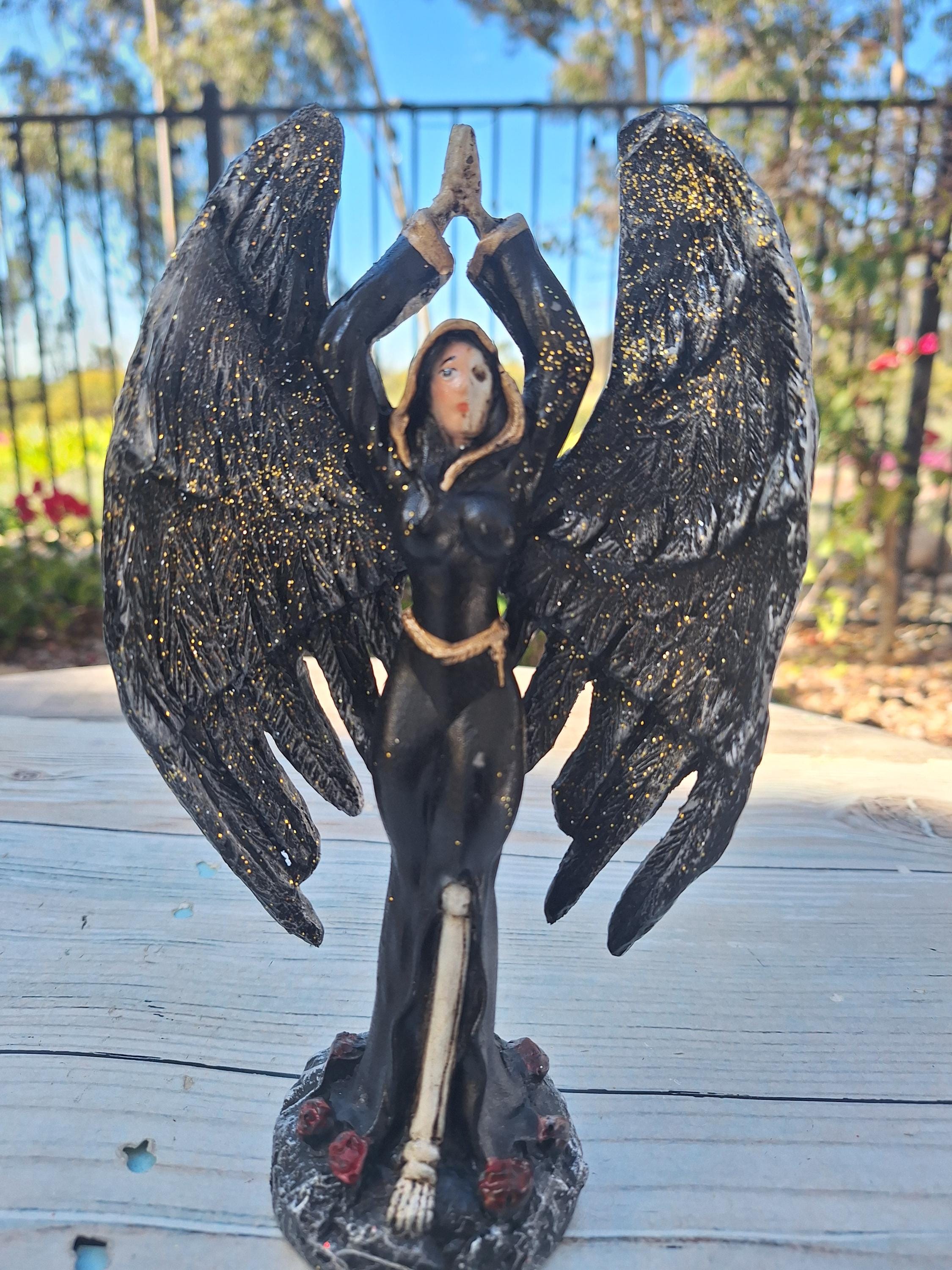 Santa Muerte Statue: Black Holy Death Angel With Wings (9