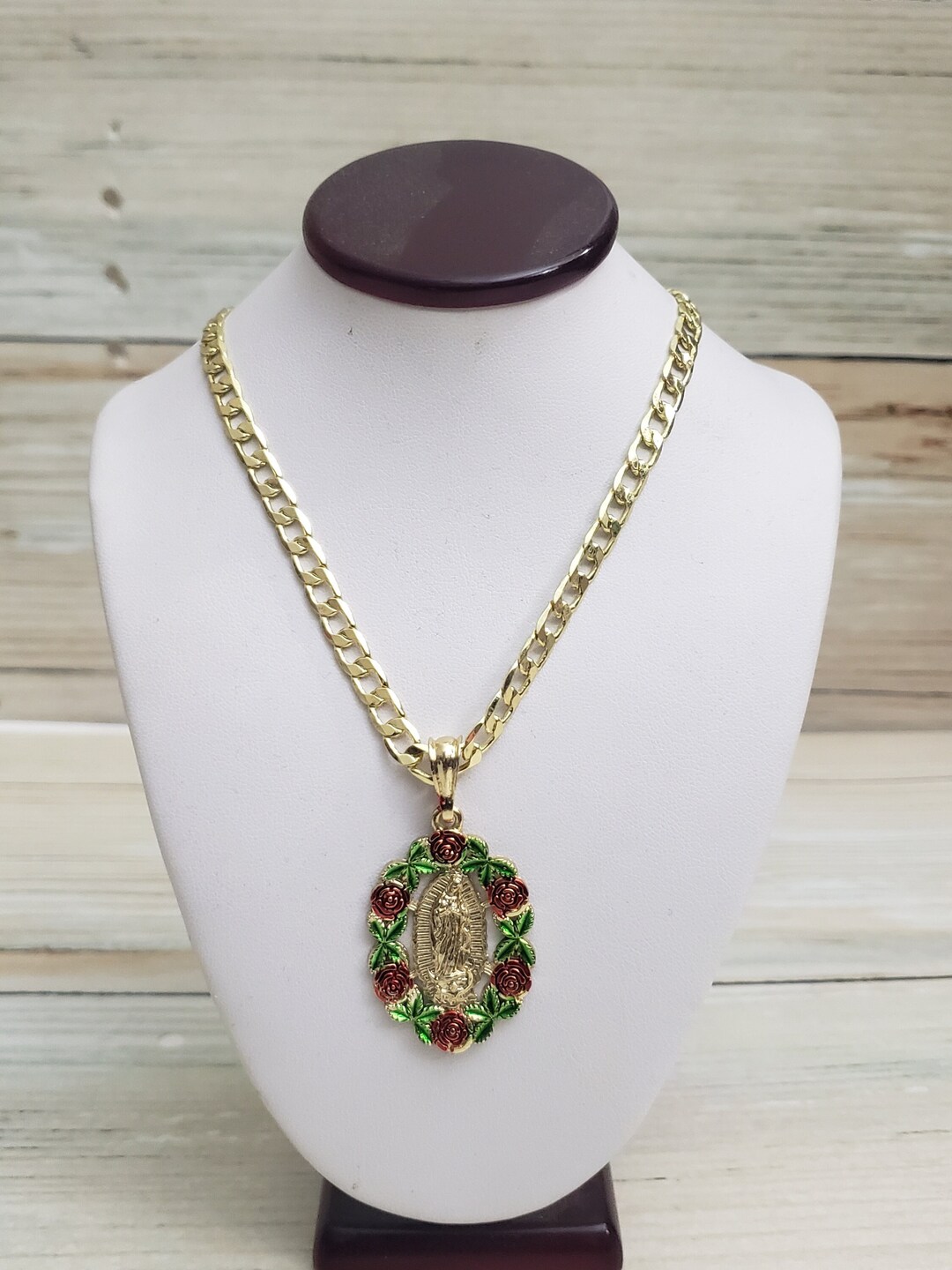 Our Lady of Guadalupe Gold Plated Necklace Red Roses Brand New Chain 15 ...