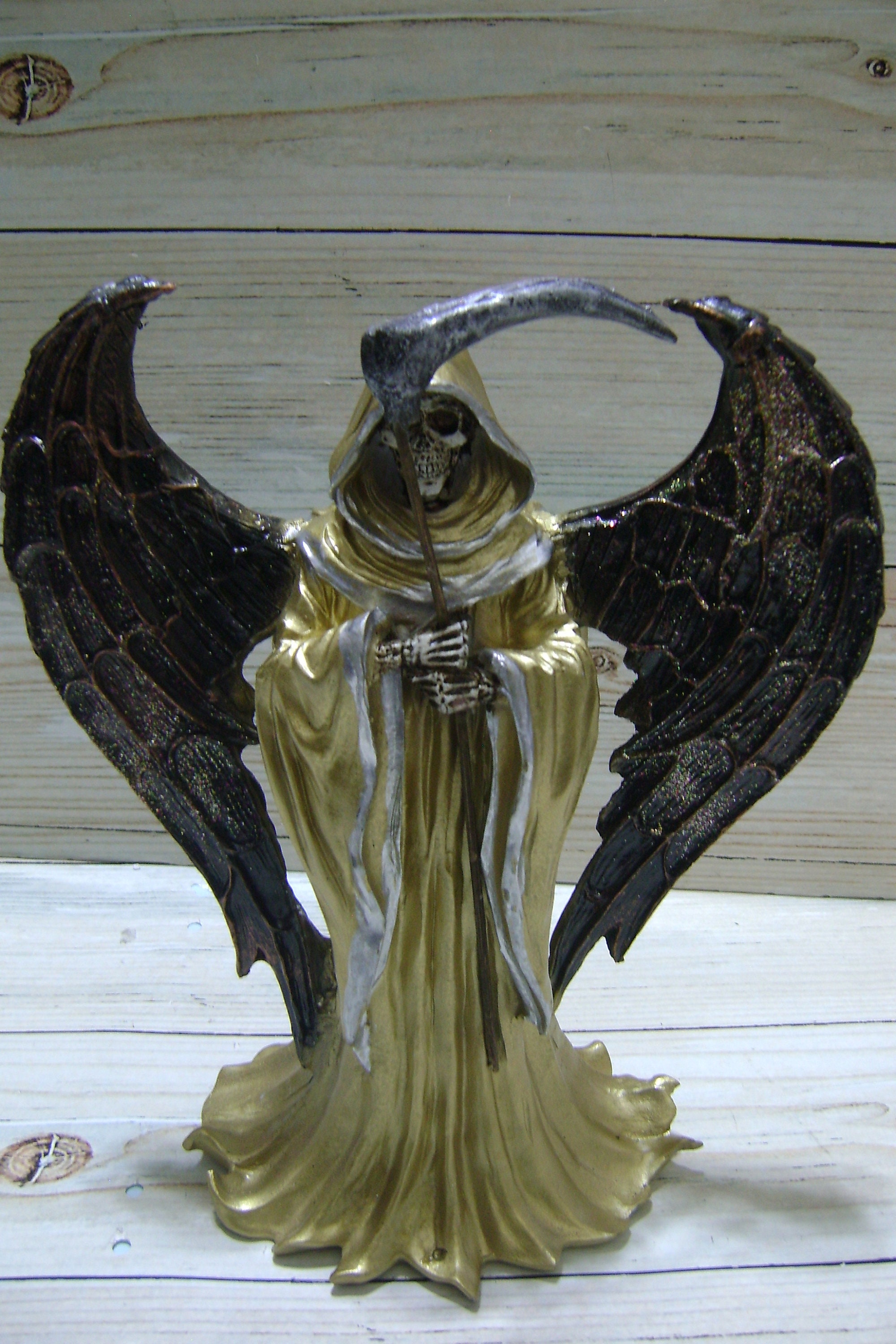 Santa Muerte Bendesida 13" Color Gold Double Sided with Wings -Handmade - Holy Death Fix - Grim Reaper - Money - Luck - Buena Suerte