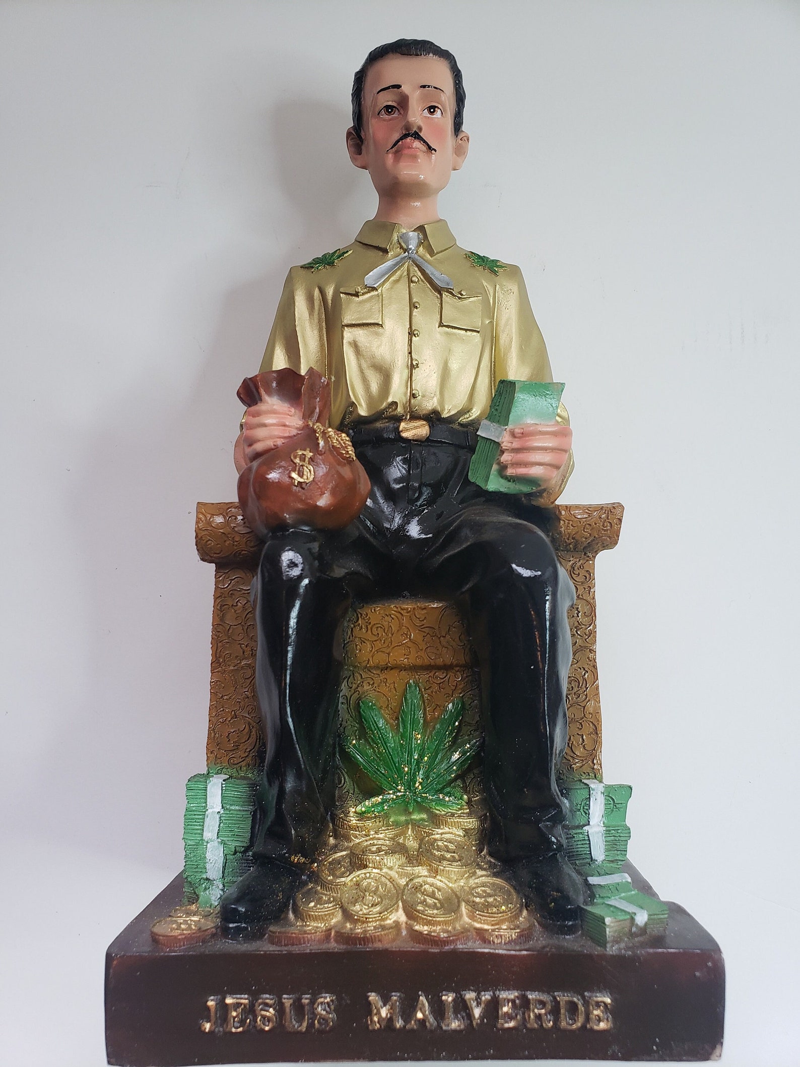 Jesus Malverde Gold Figurine Handmade / Estatua Figure 16x7.5/ Money