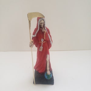 Santa Muerte Color Red Size 10&quot; Holy Dead Statue / Grim Reaper/ Fully Loaded / Curada Bendesida Para la Buena Suerte/ Dinero / Amor (muda)