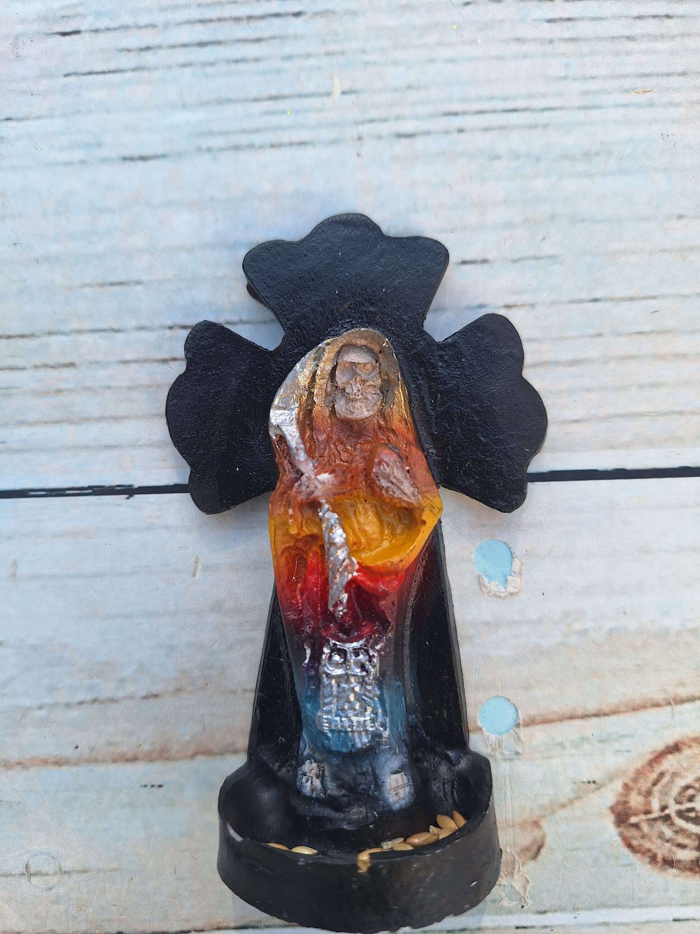 サンタ ムエルテ カラー レインボー 4 インチ 聖なる死の像 - 幸運