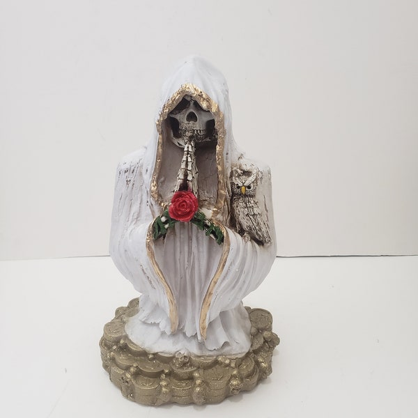 Santa Muerte Color White 15"X9"" Holy Death Statue / Praying/ Holding a Rose / Curada / Color Blanca / Para La Buena Suerte  & Protecion