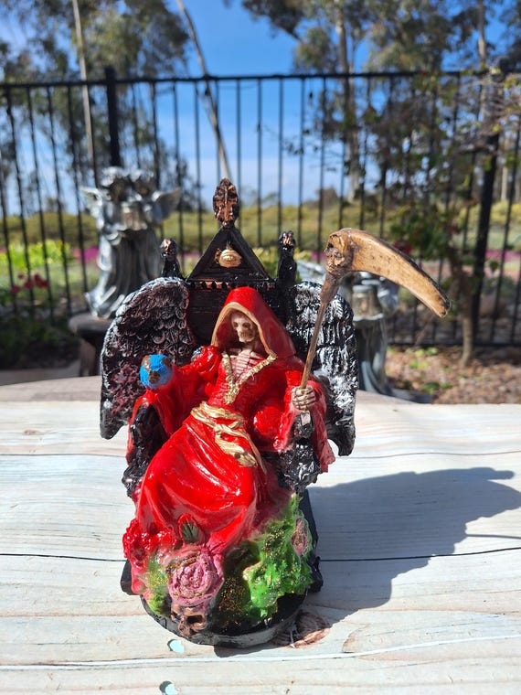 Handmade Red Santa Muerte Statue – Holy Death, Seated With Wings