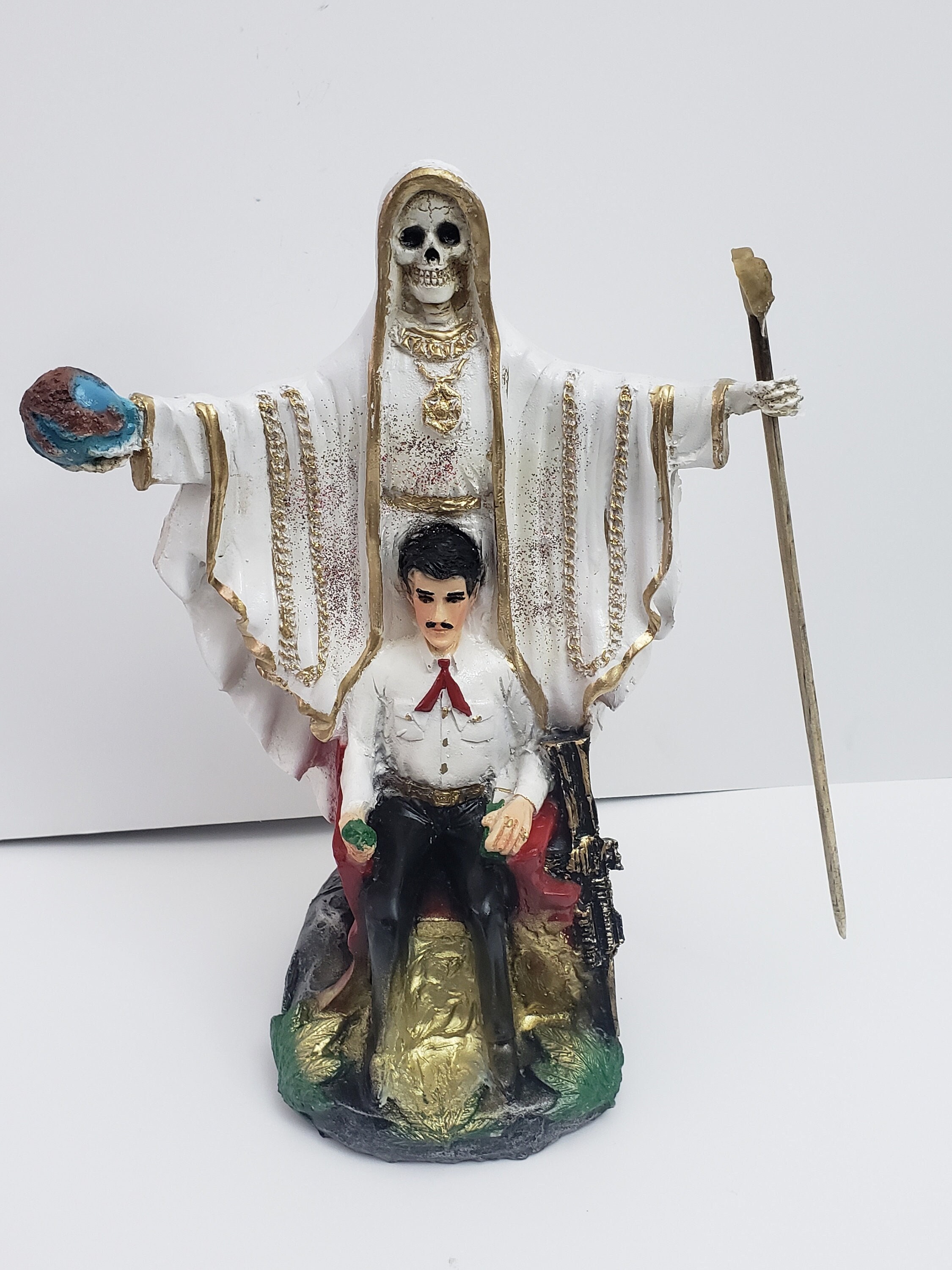 Santa Muerte & Jesus Malverde Farbe Weiß Größe 45cm X 33 cm/ Tod/ Tod Statue/ Sensenmann / Glück / Liebe / Geld / Para la Buena Suerte