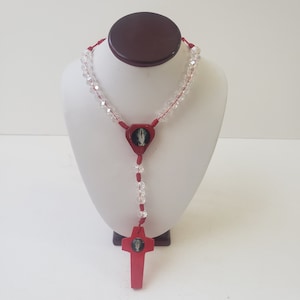 Handmade Santa Muerte Rosary: Red Wood & White Stone Beads