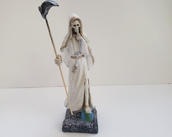 Santa Muerte Color White Size 10" Holy Dead Statue / Grim Reaper/ Fully Loaded / Curada Bendesida Para la Buena Suerte/ Dinero / Amor