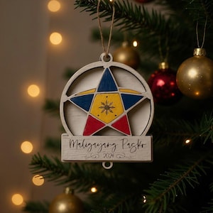 Filipino Parol Christmas Ornament, Personalized Wood Holiday Gift, Custom Family Name