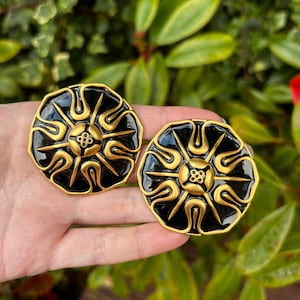 Vintage large round Karl Lagerfeld matte gold and black enamel clip on earrings signed