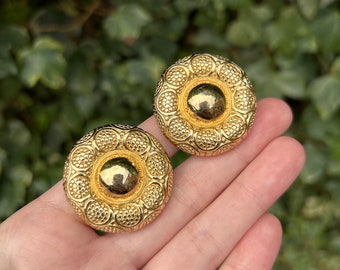 Vintage Christian Dior Large Round Gold Tone Clip on Earrings