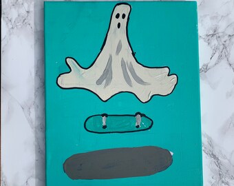 Ghost Skateboarding Painting, 11x14, Hand Painted Canvas