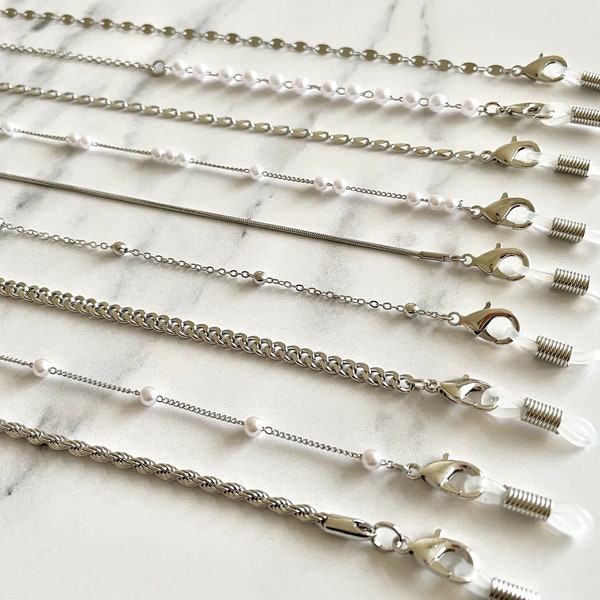 Silver Face Mask Chain / Sunglasses Chain Holder - Face Mask Chain Lanyard - Silver Mask Chain - Pearl Chain Mask Strap - Lanyard Necklace