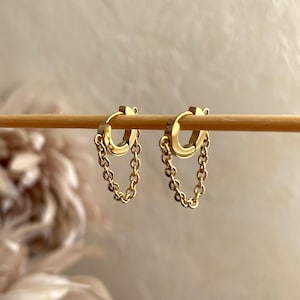 18k Gold Hoop Chain Earrings - Lobe Dangle Earring Conch Helix Earrings - Everyday Chain Hoops, Minimalist Earrings, Valentines Gift For Her